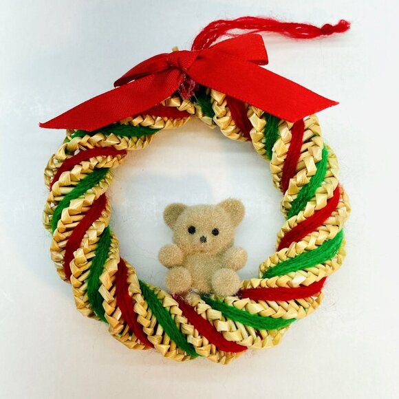 Unbranded Other - Vintage Christmas Ornament Straw Wreath With Teddy Bear Green & Red Wool Strings